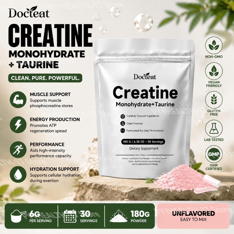 Creatine Monohydrate Powder - ด็อกทีท ครีเอทีน โมโนไฮเดรต+ทอรีน ผงสำหรับการฟื้นฟู ATP และสนับสนุนการสะสมของฟอสโฟครีเอทีน